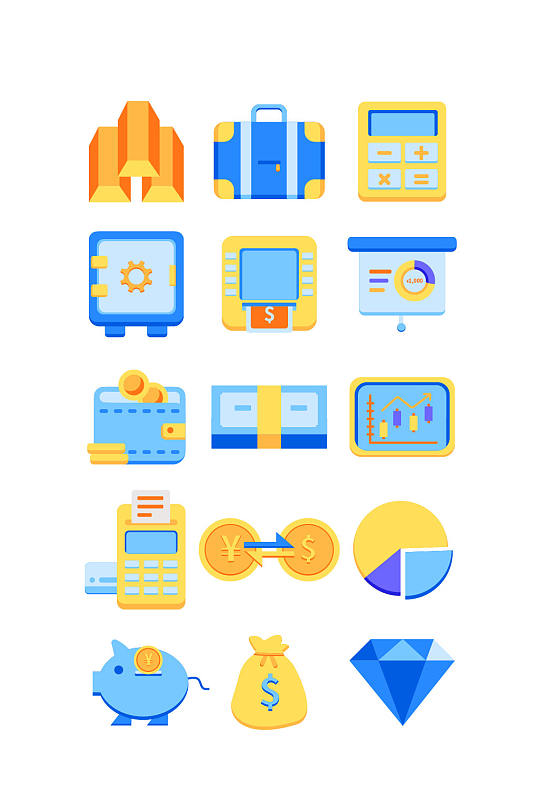 蓝黄填色系金融图标icon