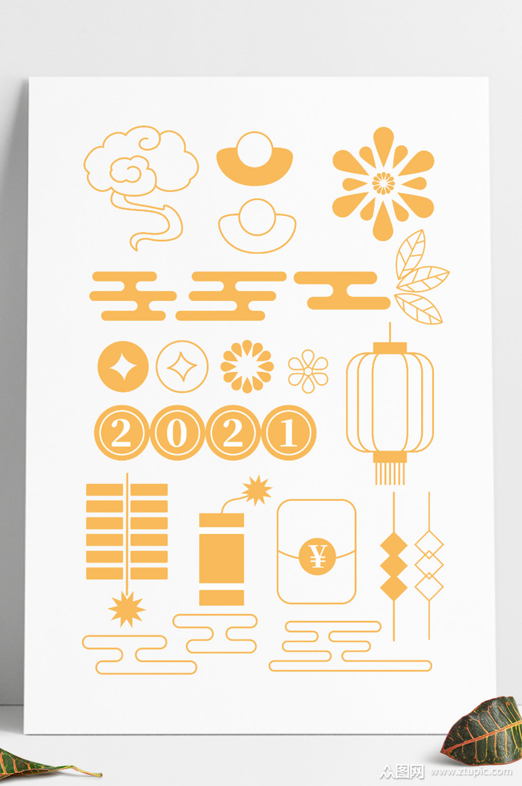 中国风春节素材鞭炮灯笼祥云红包线描元素