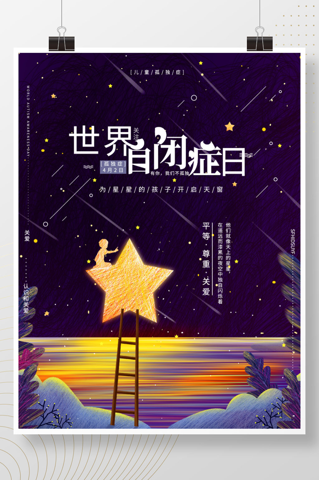 原创手绘线圈画世界自闭症日公益宣传海报素材