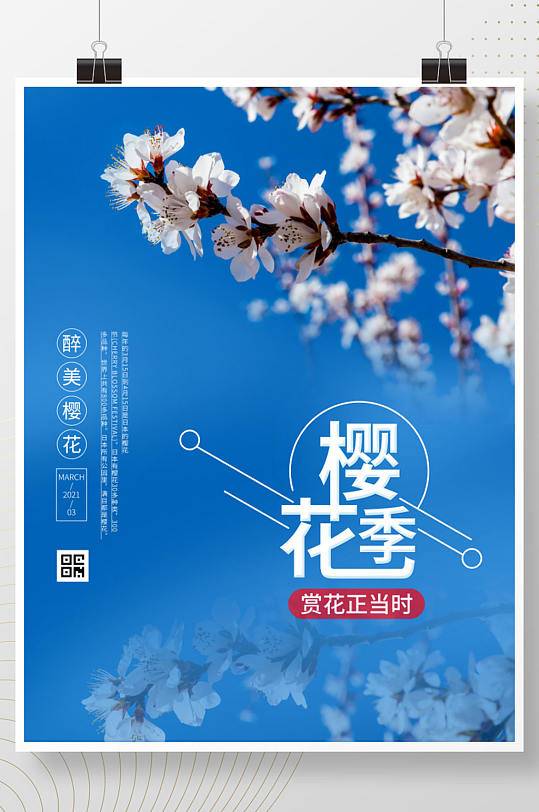 樱花季节赏花春天蓝天宣传海报