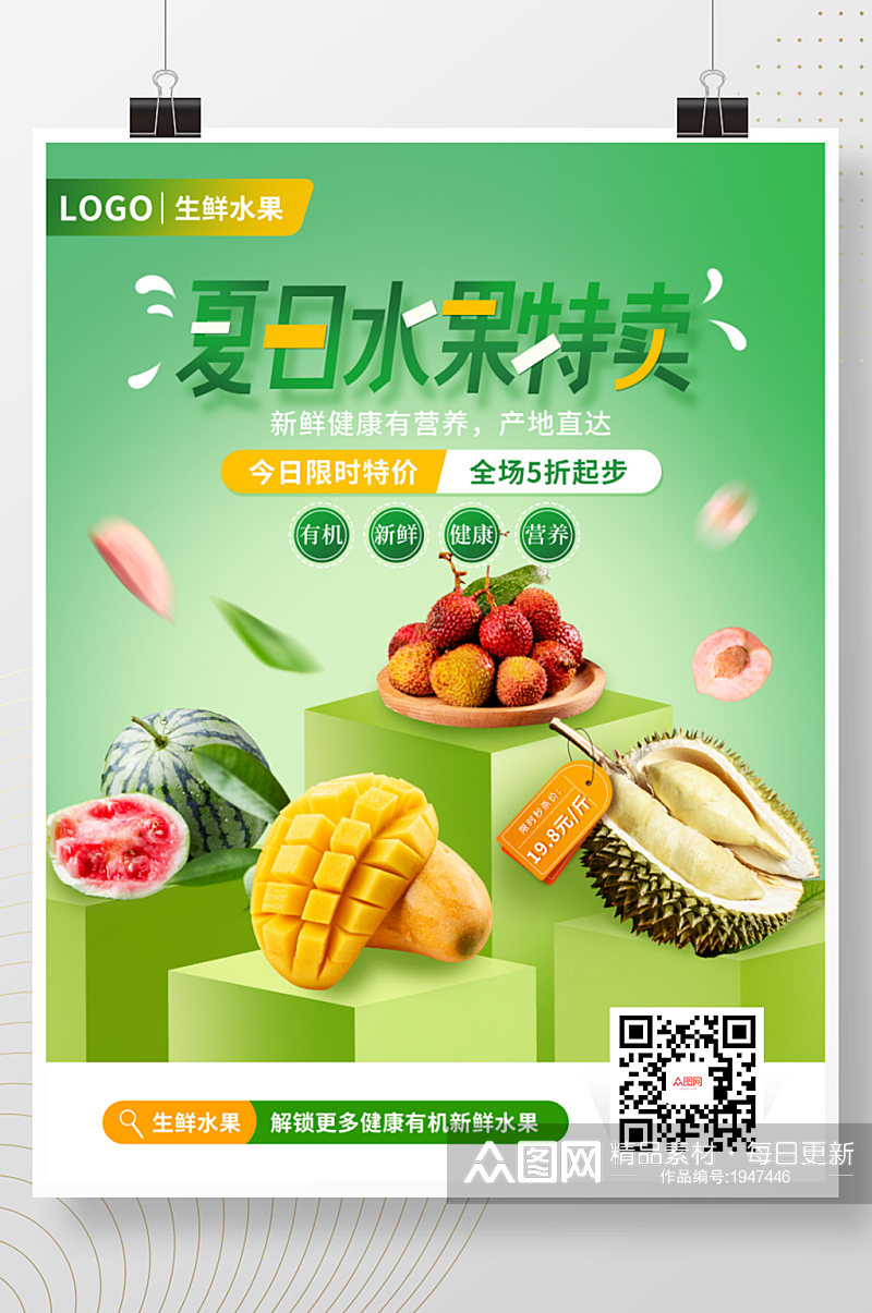 绿色清新夏日水果特卖促销海报素材
