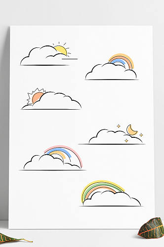 手绘卡通天气图案图标彩虹云朵太阳月亮矢量
