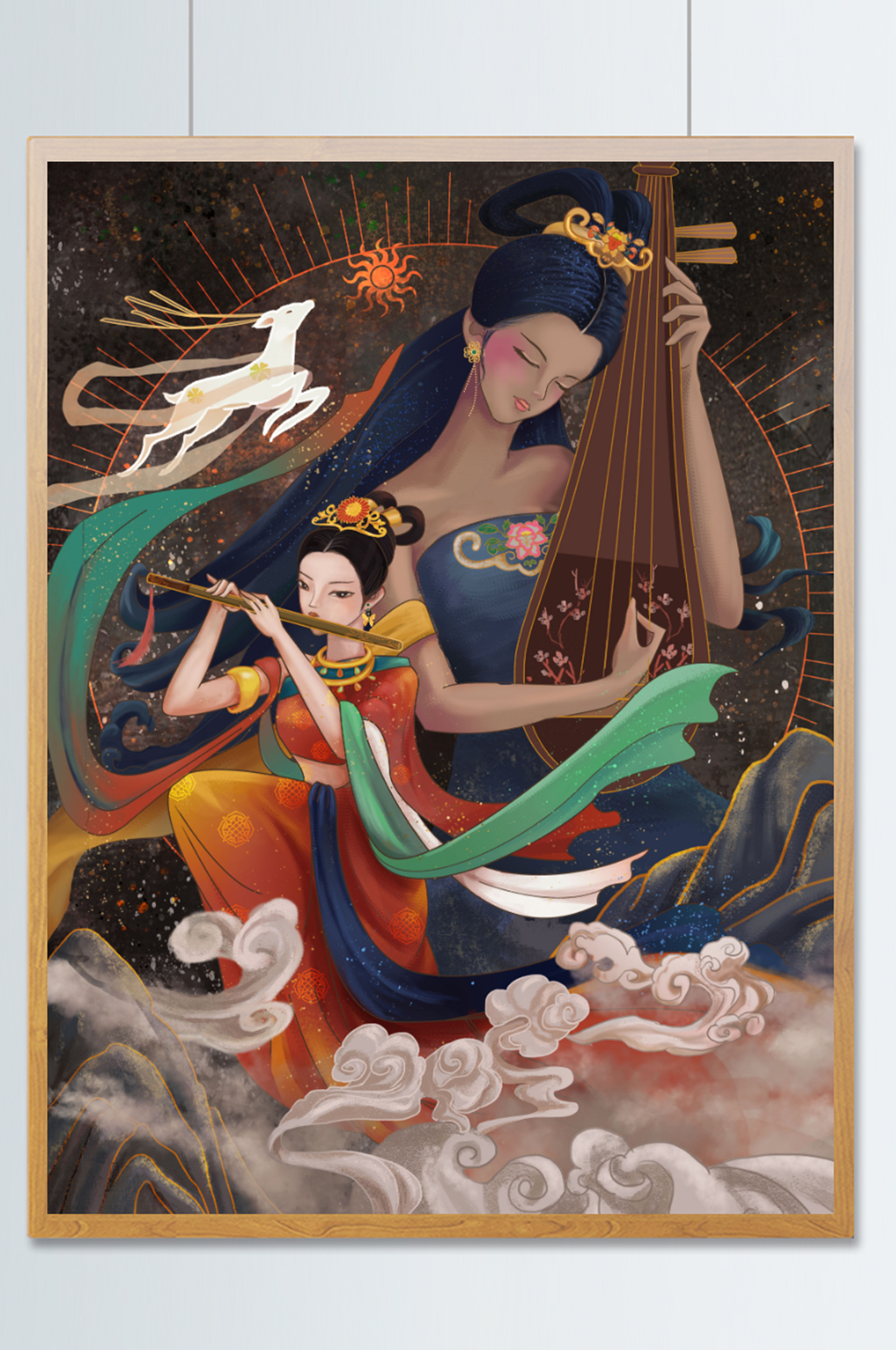 岩彩风国潮壁画吹笛子美女弹琵琶美女和神鹿素材