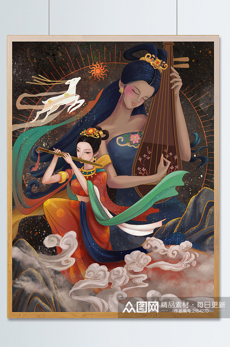 岩彩风国潮壁画吹笛子美女弹琵琶美女和神鹿素材