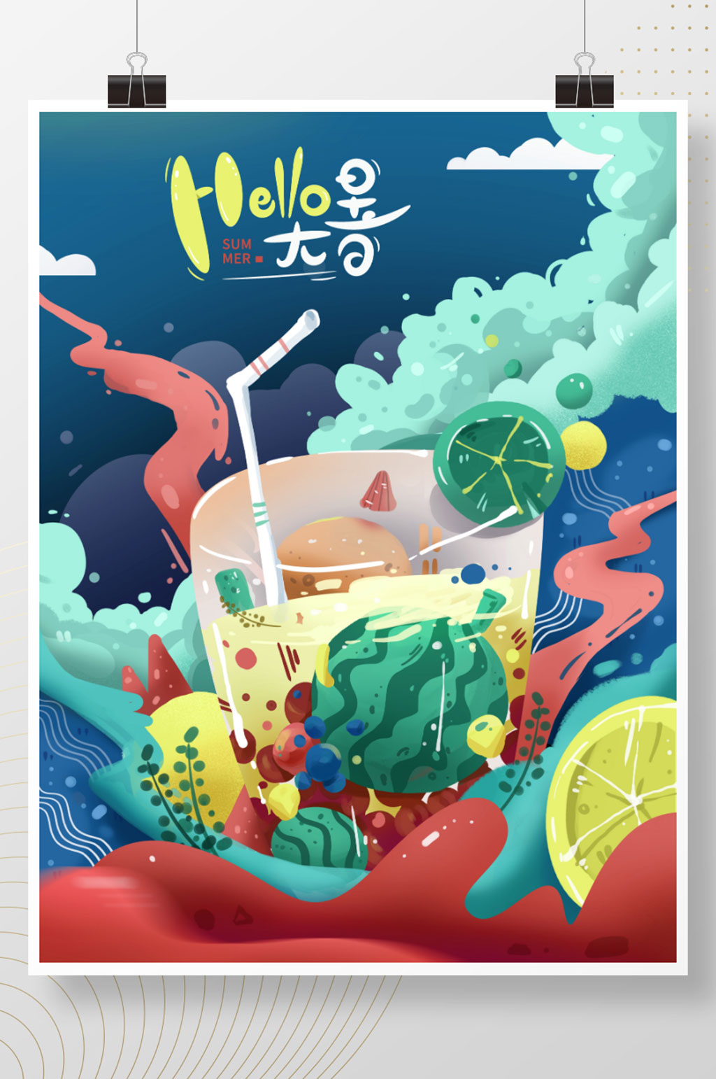 HALLO大暑西瓜饮品节气手绘插画海报素材