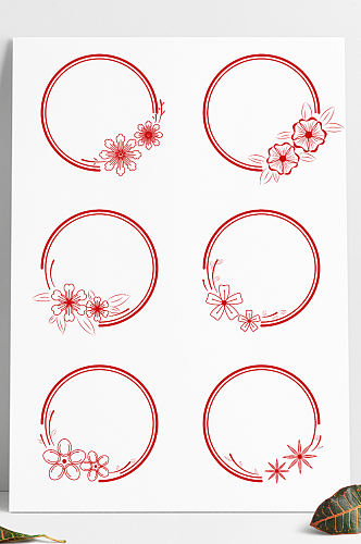 中式边框手绘花纹花朵装饰圆形边框标题框