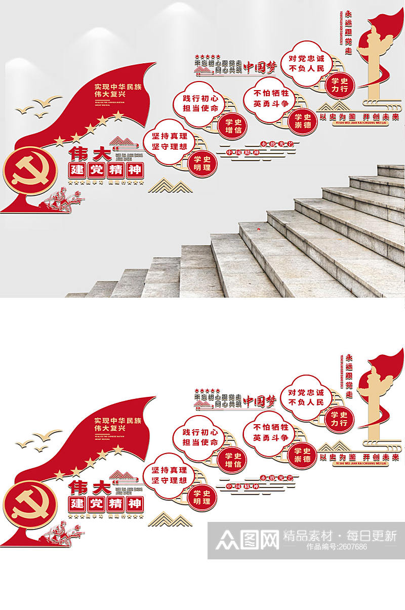 伟大建党精神共筑中国梦党建楼梯文化墙素材