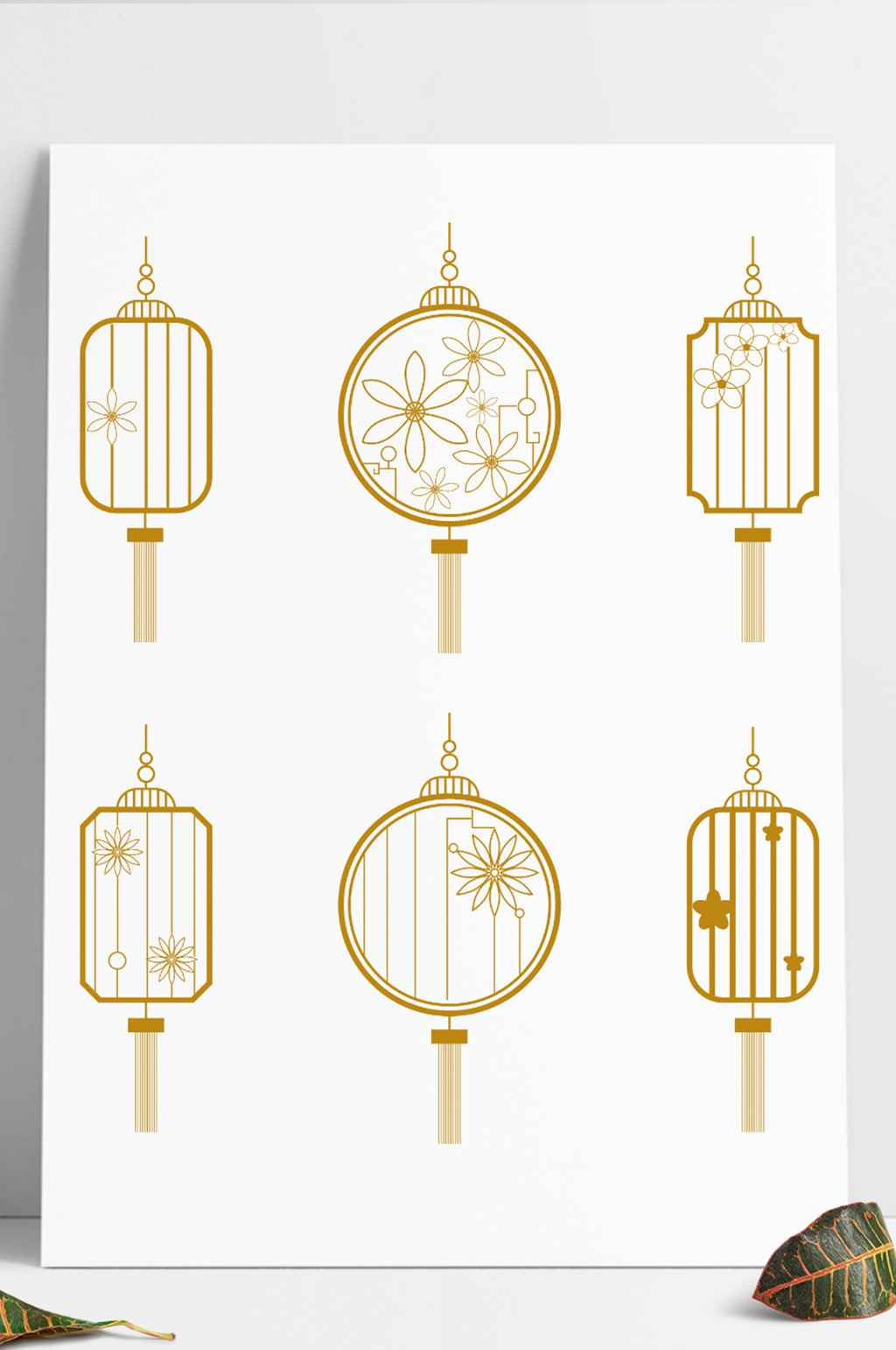 中国风手绘金色线条花纹纹理装饰灯笼素材 灯笼矢量图