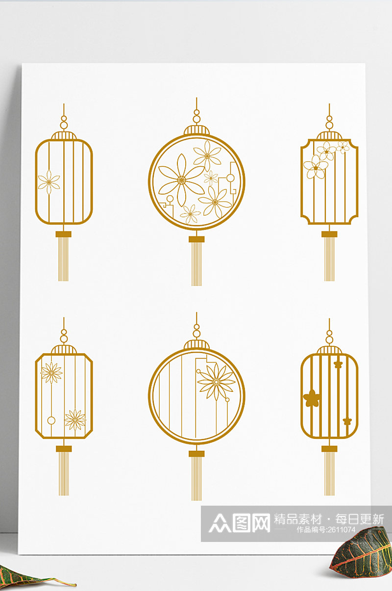 中国风手绘金色线条花纹纹理装饰灯笼素材 灯笼矢量图素材