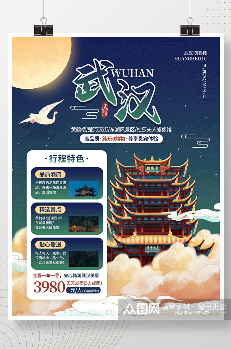 中国风湖北武汉国潮风城市酒店旅游海报素材