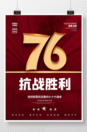 简约风红色抗日战争胜利纪念日76周年海报