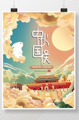 中国风插画中秋国庆中秋节国庆节海报