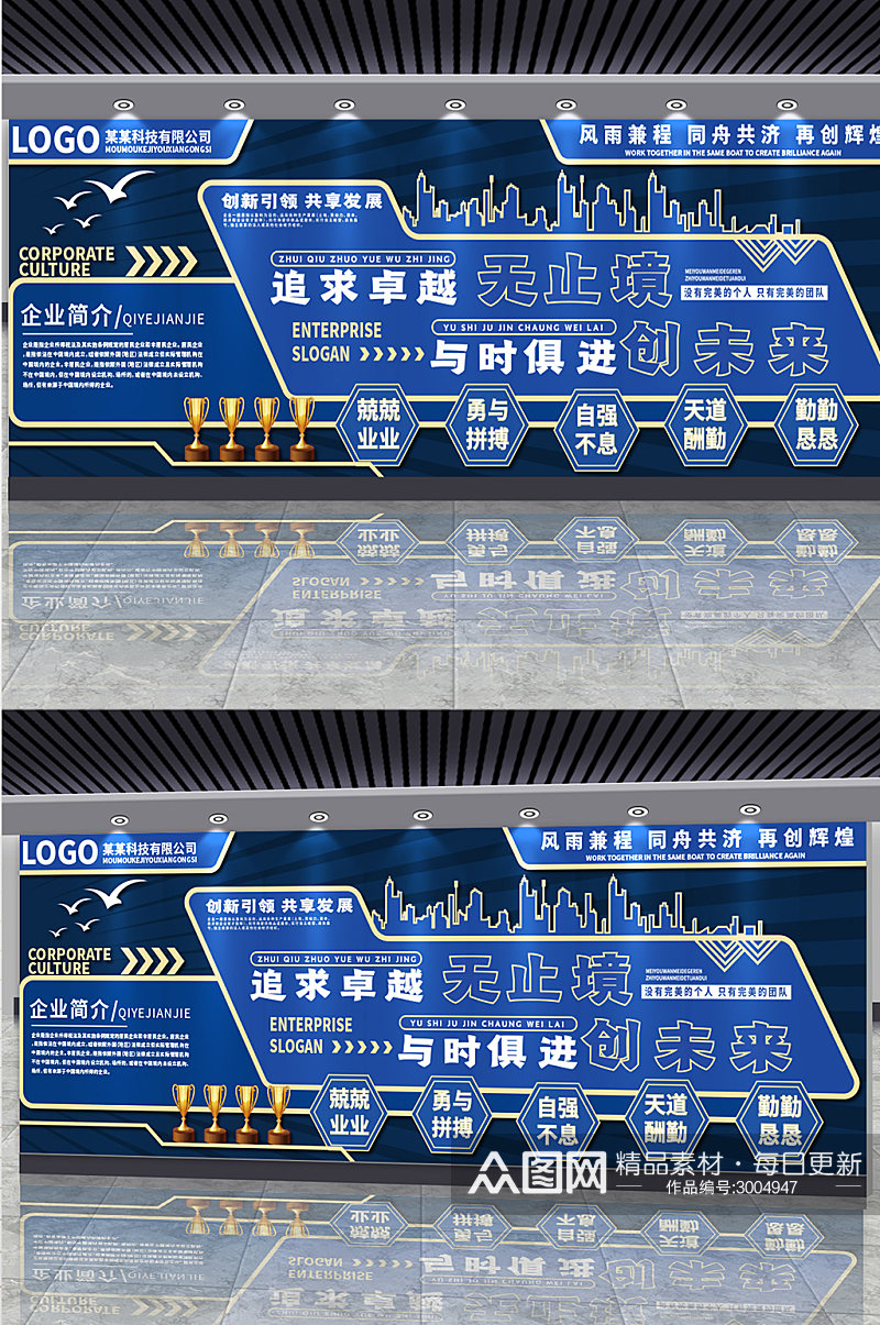 公司口号标语奋斗大气蓝色企业文化墙素材