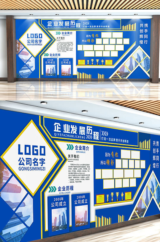 蓝色大气企业发展历程文化墙展板-众图网