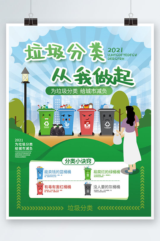 绿色简约城市垃圾分类宣传海报-众图网