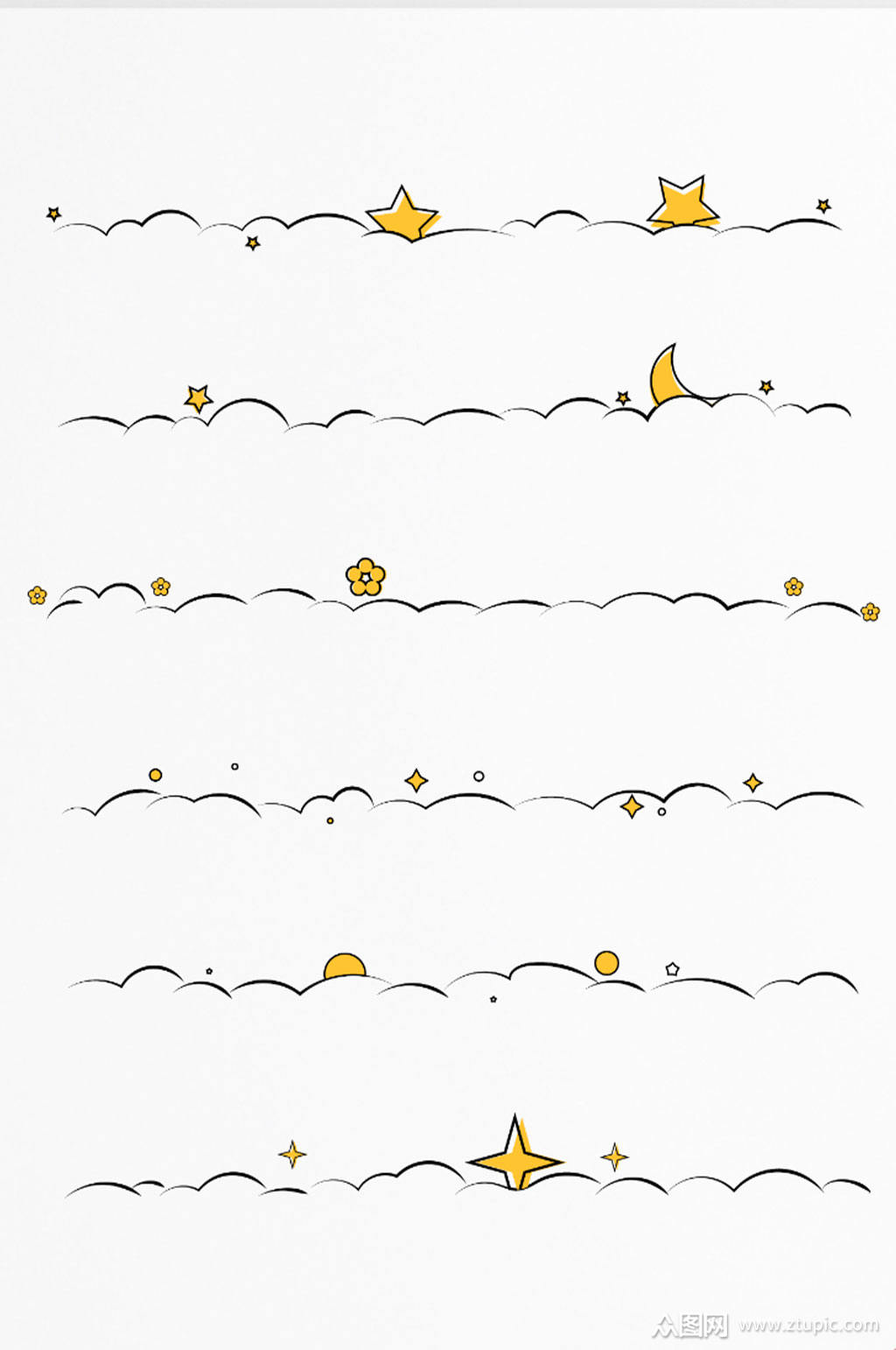 卡通分割线手绘星星月亮云朵卡通小元素素材