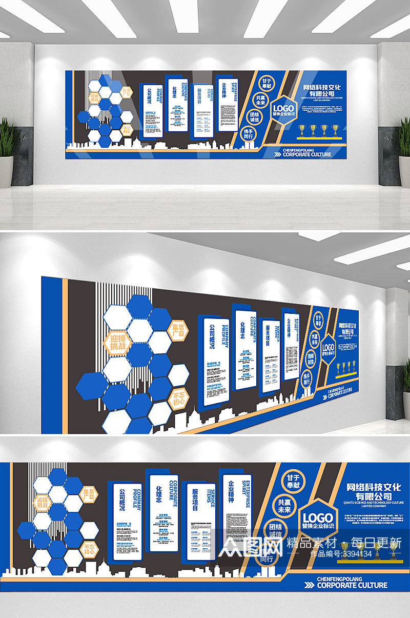 蓝色励志公司历程简介荣誉企业文化墙素材