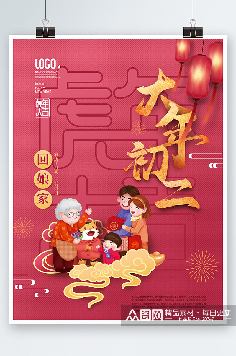 2022年虎年新年春节初二回娘家年俗海报素材