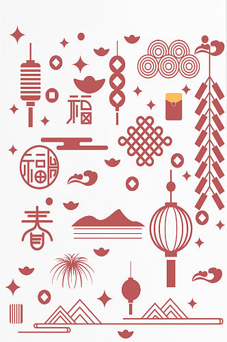 中国风传统春节灯笼云豹烟花祥云纹装饰图案