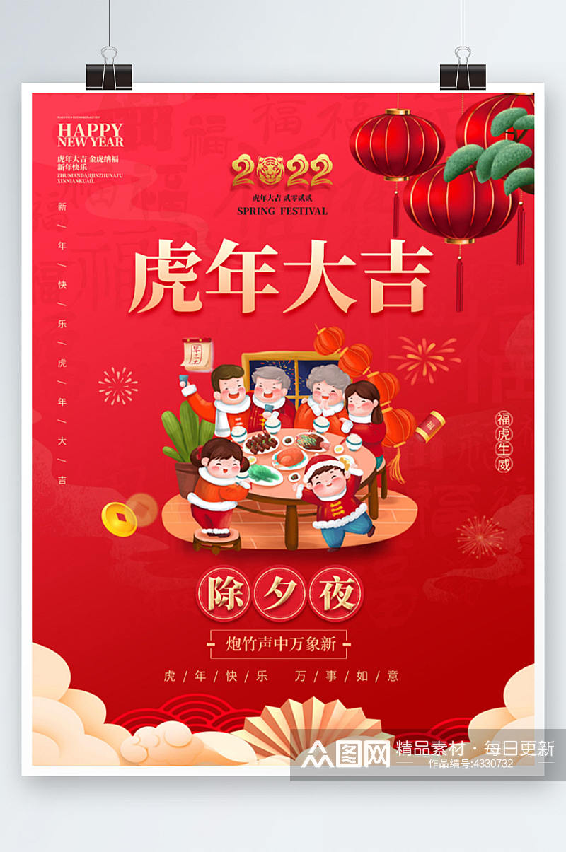红色喜庆虎年新年春节正月初一年俗海报素材