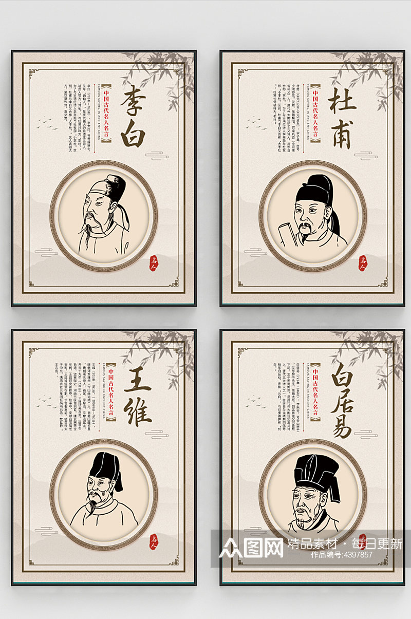 中国风校园中国古代名人挂画海报素材