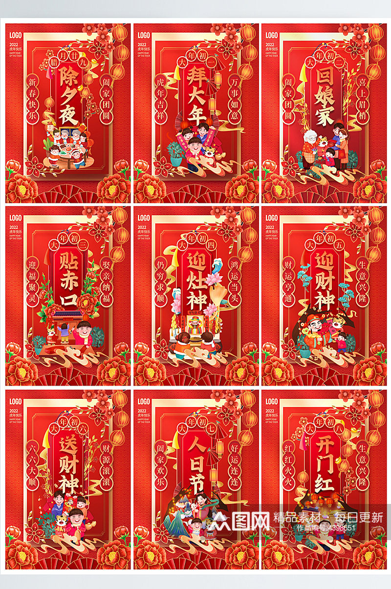 2022年虎年春节大年初一至初八年俗海报素材