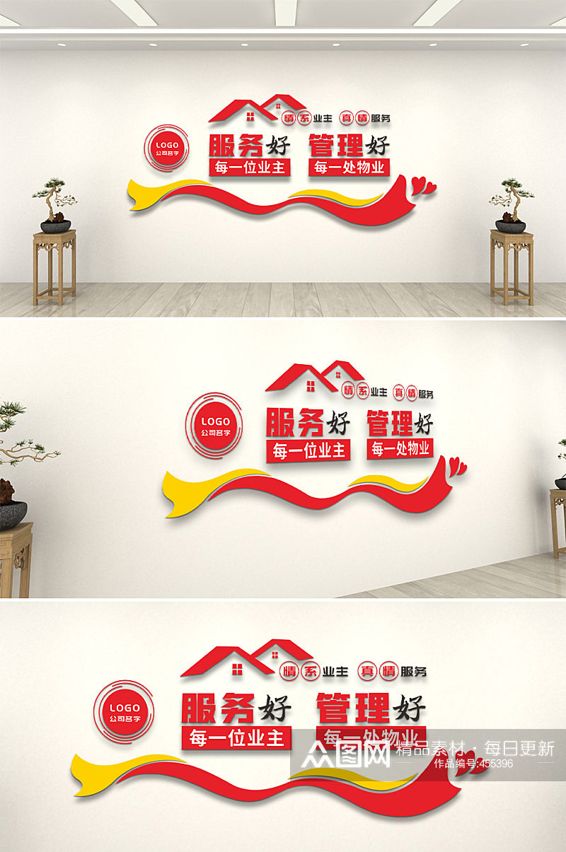 红色物业企业社区保安公司文化墙设计素材