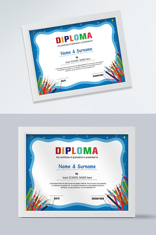 蓝色清新学校毕业荣誉证书-众图网