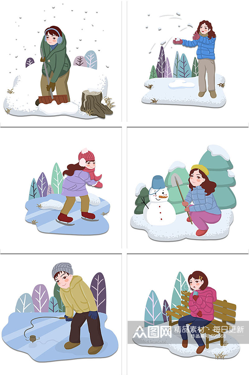 冬季堆雪人打雪仗卡通素材素材