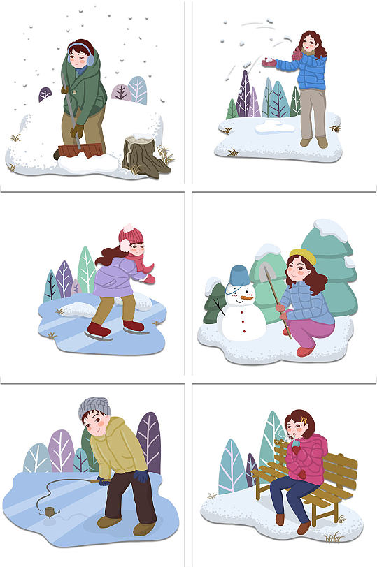 冬季堆雪人打雪仗卡通素材