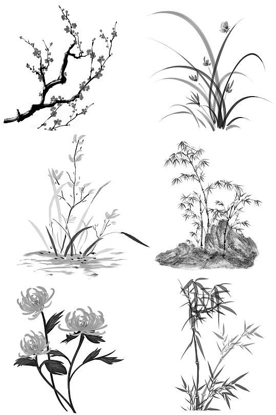 梅兰竹菊花卉黑白水墨画素材元素