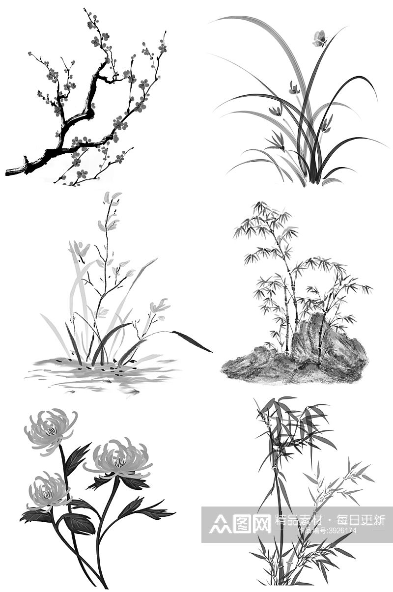 梅兰竹菊花卉黑白水墨画素材元素素材