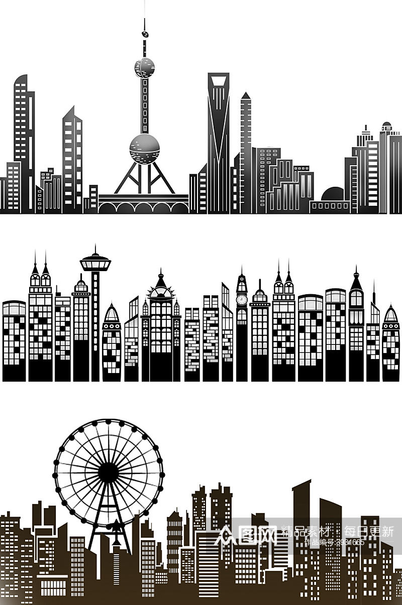 城市剪影元素简约商务地产高楼大厦线稿剪影素材