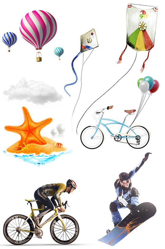 户外热气球风筝白云海星珍珠骑行滑板素材