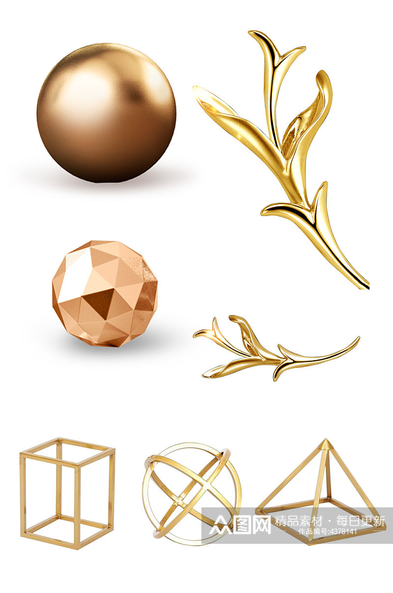 金属金色立体几何体球体枝叶素材素材
