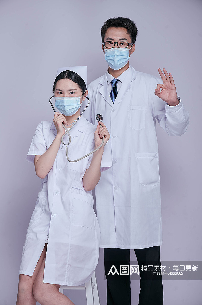 医生护士组合医务人员人物摄影图片戴听诊器素材