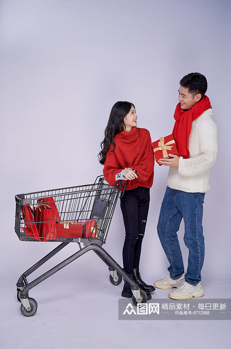 买年货购物车新年圣诞节情侣人物摄影图片素材