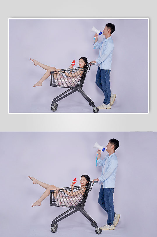 情人節(jié)促銷(xiāo)購(gòu)物車(chē)青春情侶人物攝影圖片