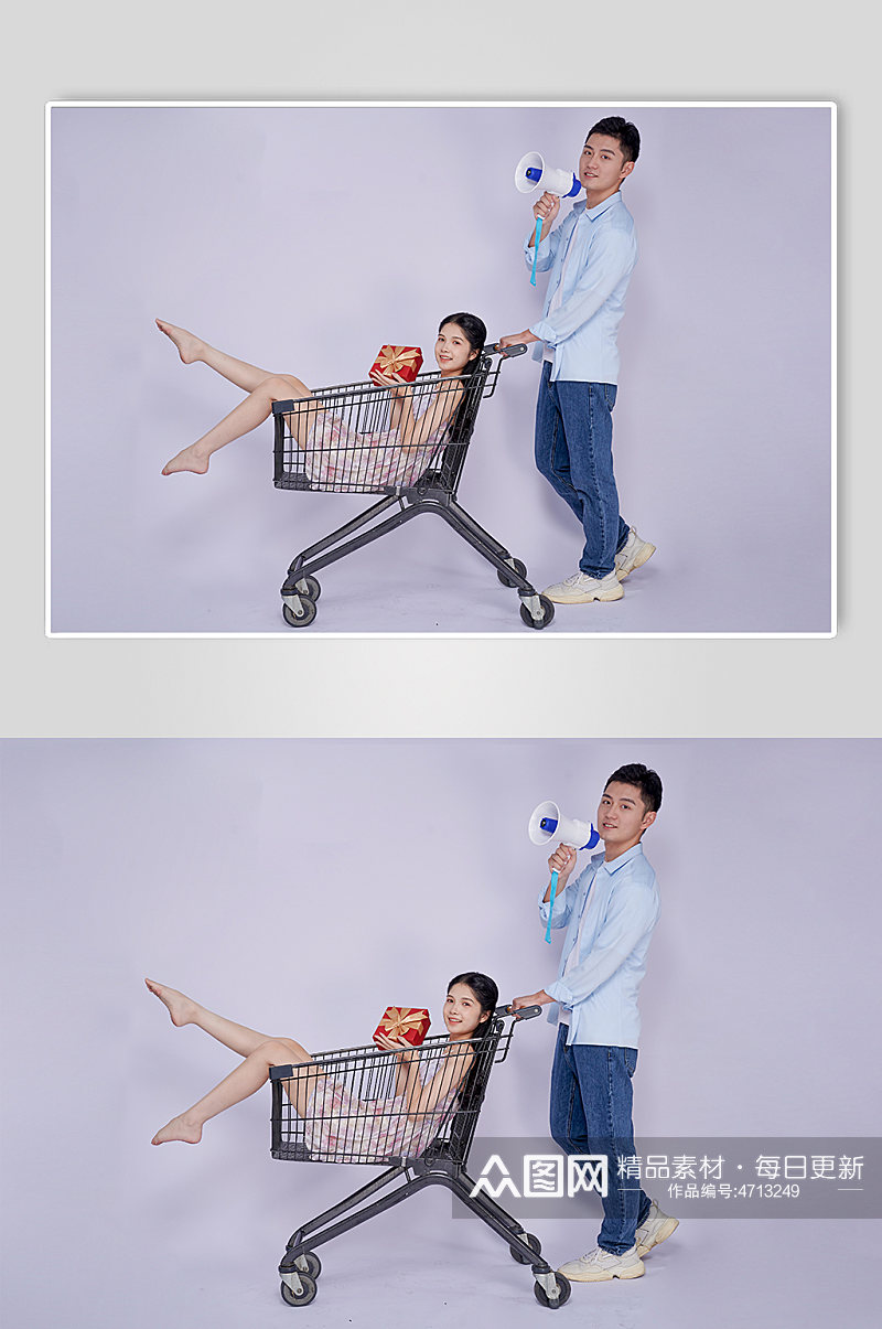 情人节促销购物车青春情侣人物摄影图片素材