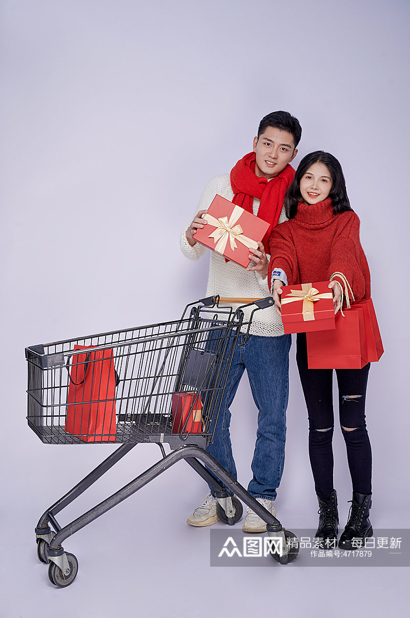 冬季购物车新年圣诞节情侣人物摄影图片精修素材