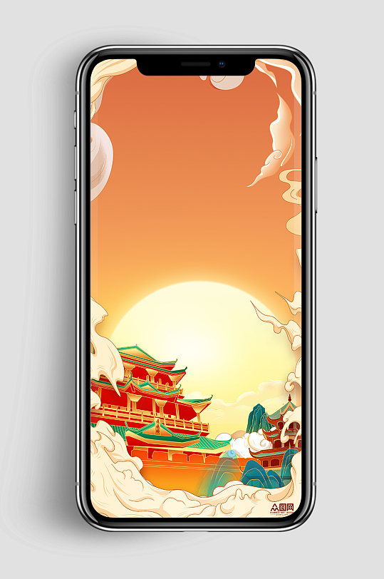 手绘国潮风背景图国潮地标建筑海报背景-众图网