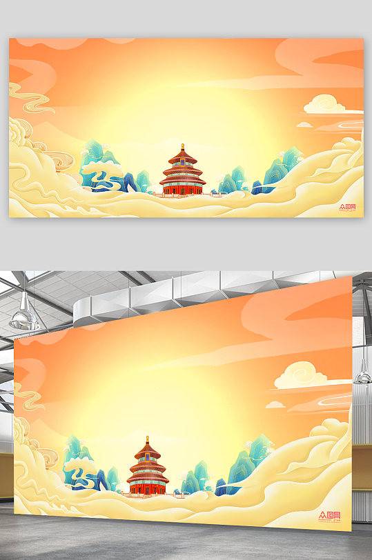 手绘国潮风背景图国潮山水插画-众图网