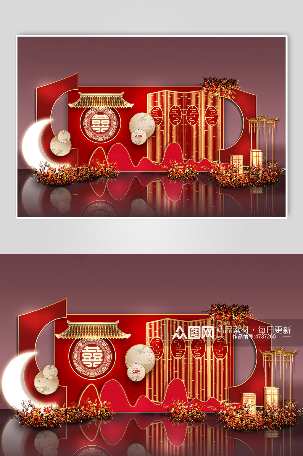 红色中式婚礼迎宾区美陈婚礼布置效果图素材