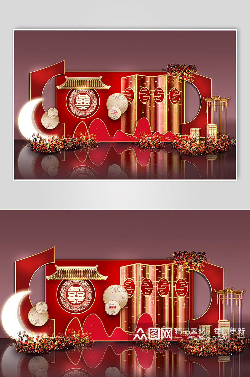 红色中式婚礼迎宾区美陈婚礼布置效果图素材