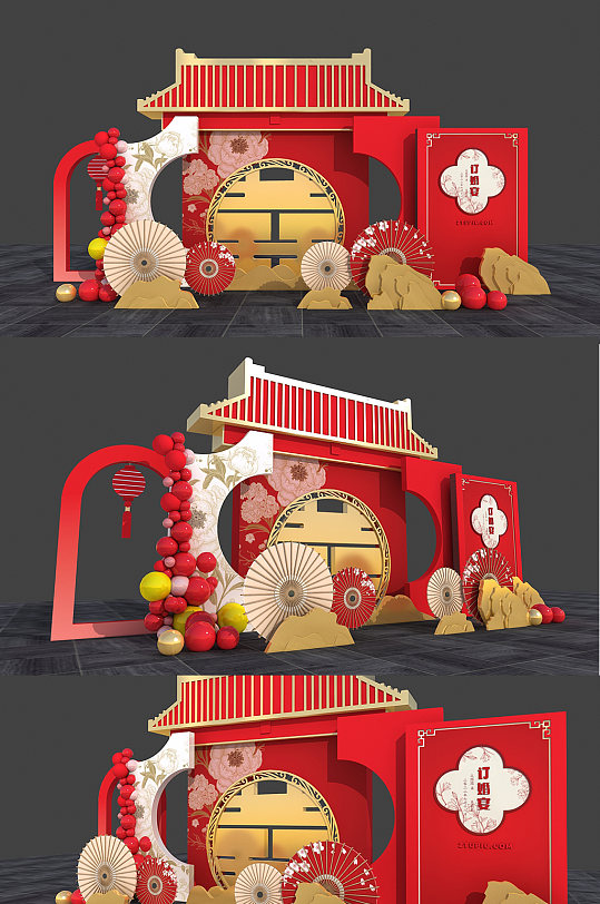 红色中式浪漫婚礼迎宾区美陈婚礼美陈-众图网