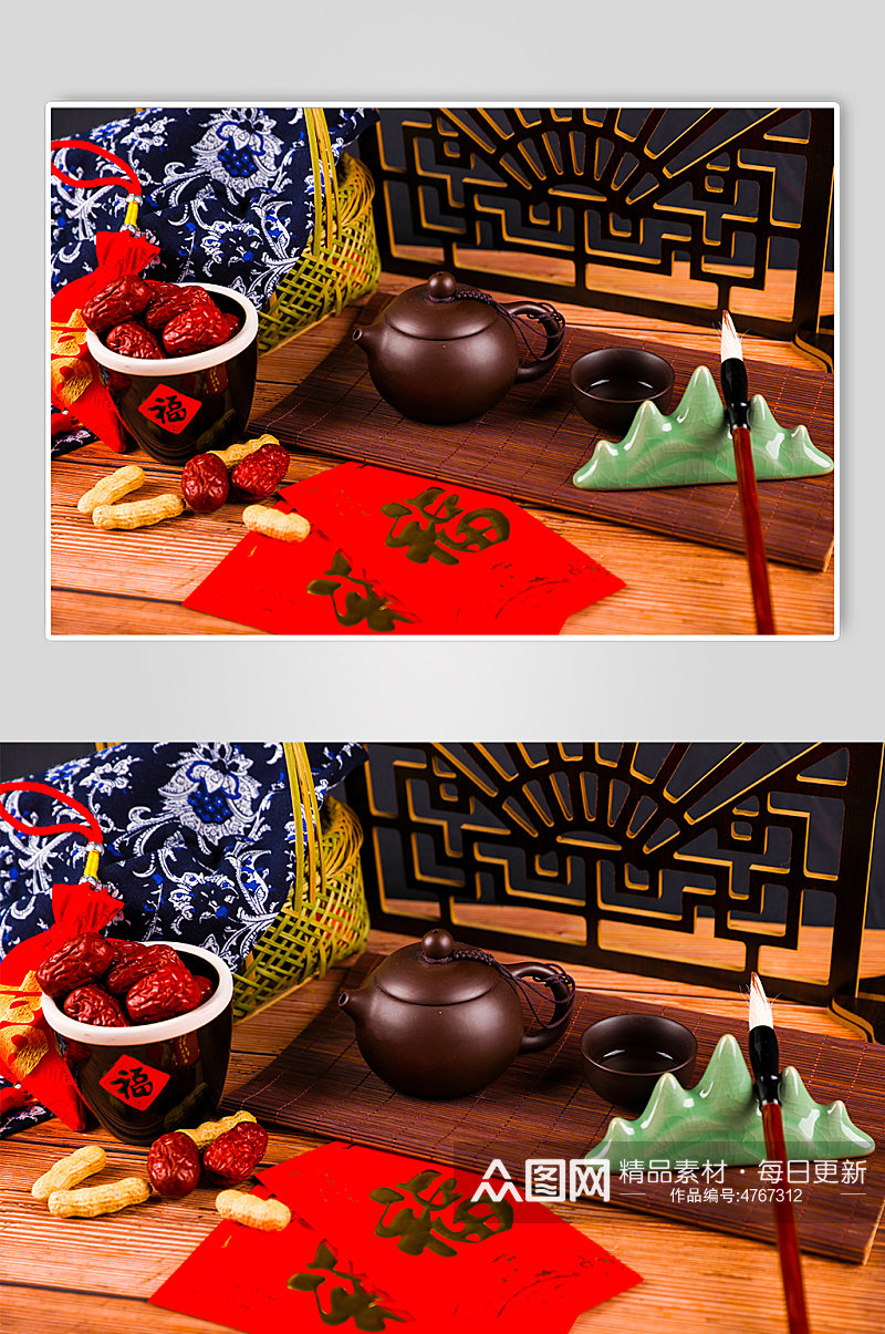 红包茶具大枣毛笔春节物品元素背景摄影图片素材