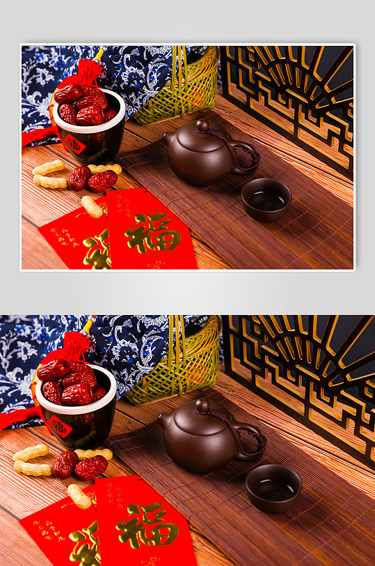 红包茶具大枣花生春节物品元素背景摄影图片