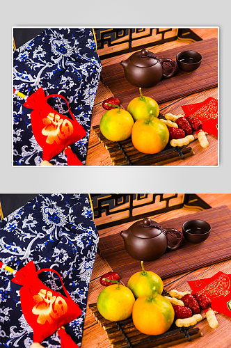 橘子茶具大枣花生春节物品元素背景摄影图片