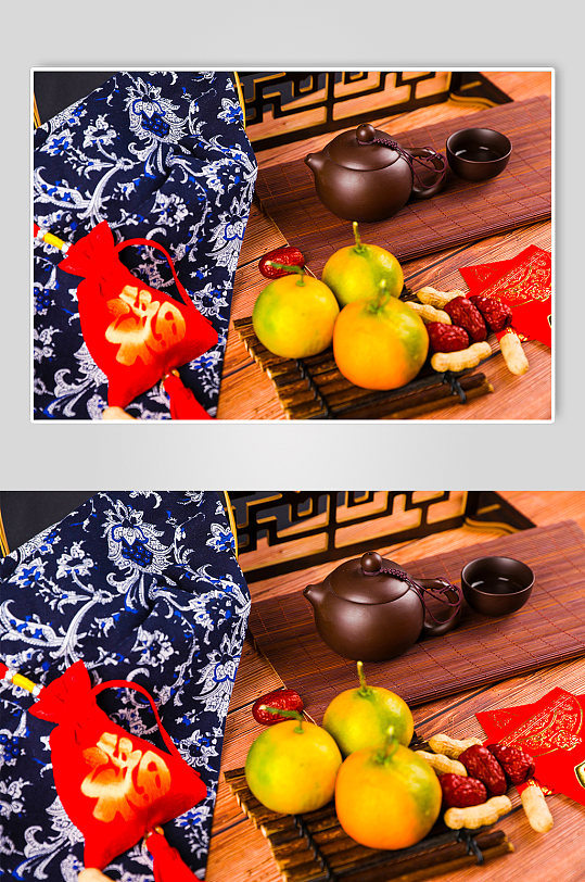 橘子茶具大枣花生春节物品元素背景摄影图片-众图网