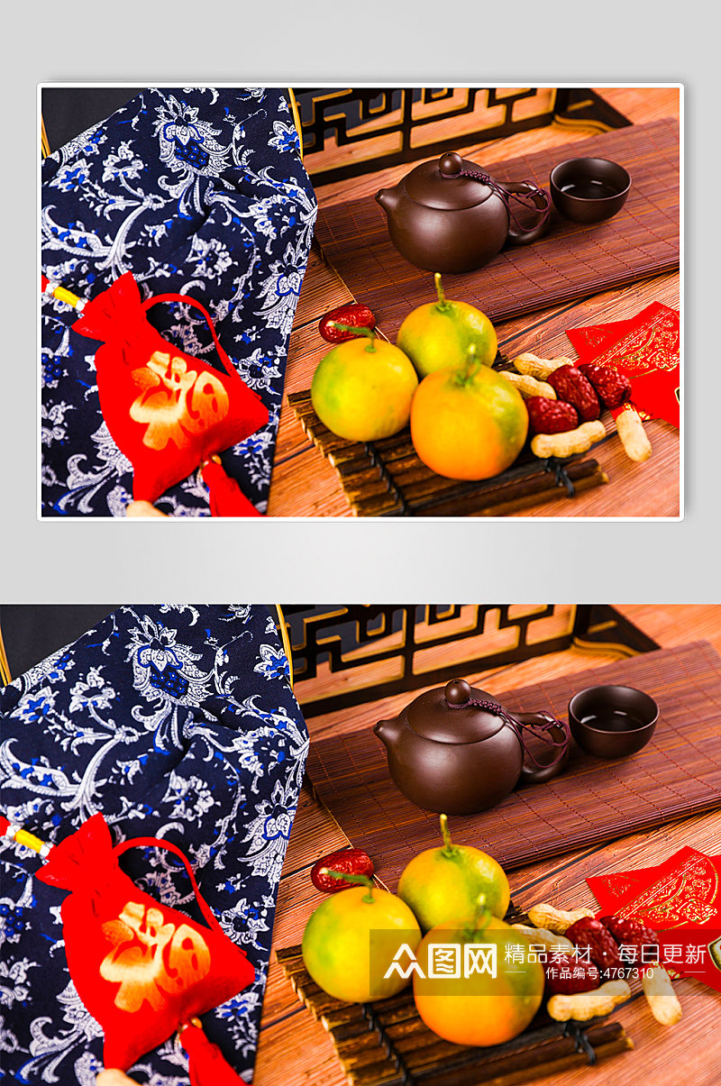 橘子茶具大枣花生春节物品元素背景摄影图片素材